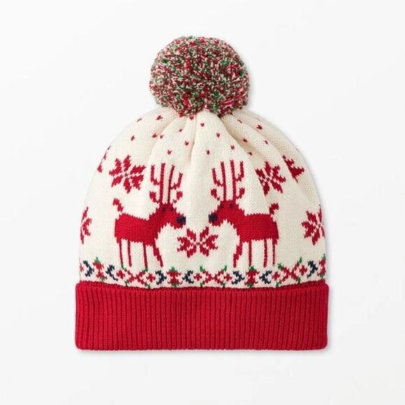 Hanna Andersson Deer Dear Ecru Sweater Knit Pom Pom Hat Size L Nordic Fair Isle - Picture 1 of 5